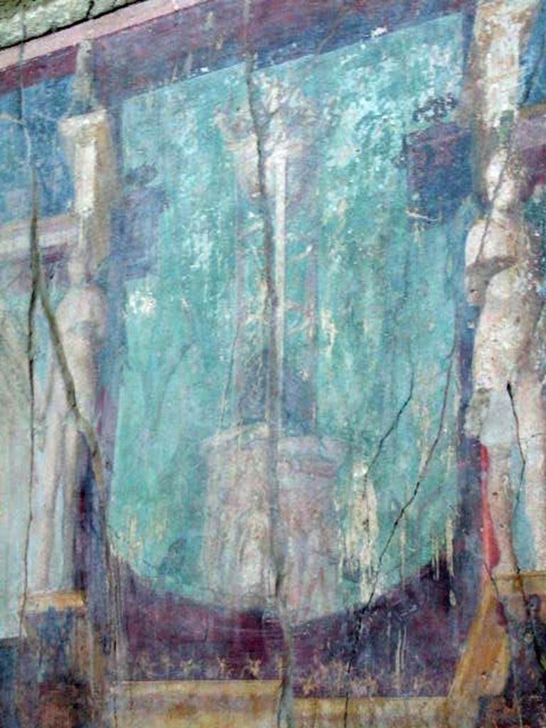 I.6.2 Pompeii. May 2006. Frigidarium, north wall. Detail of upper centre. Painting of Nike in flight and tripod with figures.