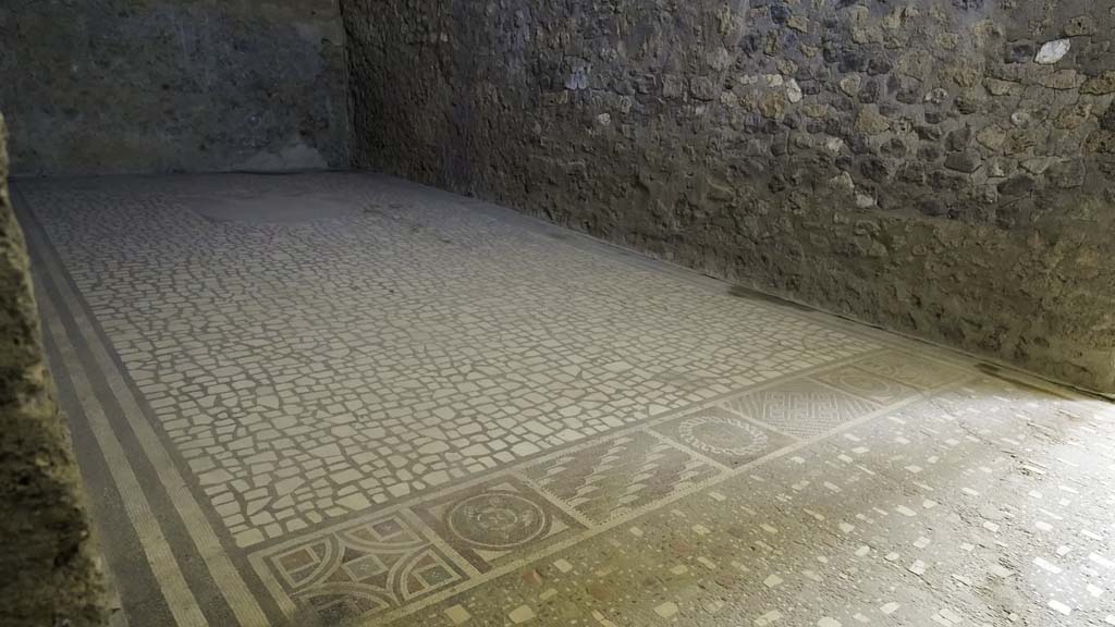 I.6.2 Pompeii. August 2021. Looking east across ornate flooring in oecus/triclinium. Photo courtesy of Robert Hanson.
At the threshold of the oecus/triclinium and the antecamera are a series of different multi-coloured mosaic panels, one with swords, shield and helmet.
