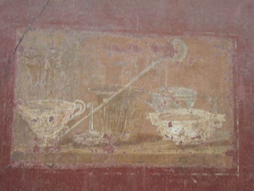 I.6.4 Pompeii. December 2005. Room 2, Wall painting of still life with silver vases at east end of north wall.