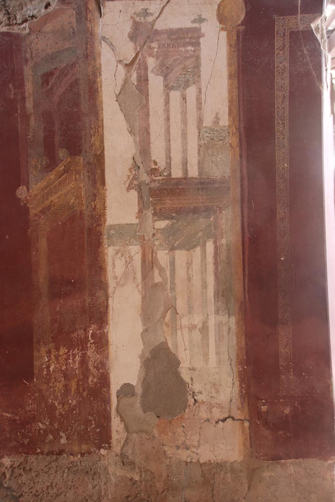 I.6.4 Pompeii. October 2024.
Room 2, painted decoration at west end of south wall. Photo courtesy of Klaus Heese.