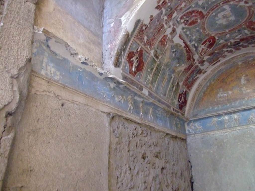 I.6.4 Pompeii. March 2009. Room 16, sacellum. East side and south-east corner. Frieze showing scenes from the Iliad.