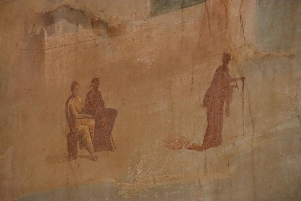 I.6.15 Pompeii. October 2023.
Room 9, east wall of small garden, detail of figures from north end of east wall. Photo courtesy of Klaus Heese.
