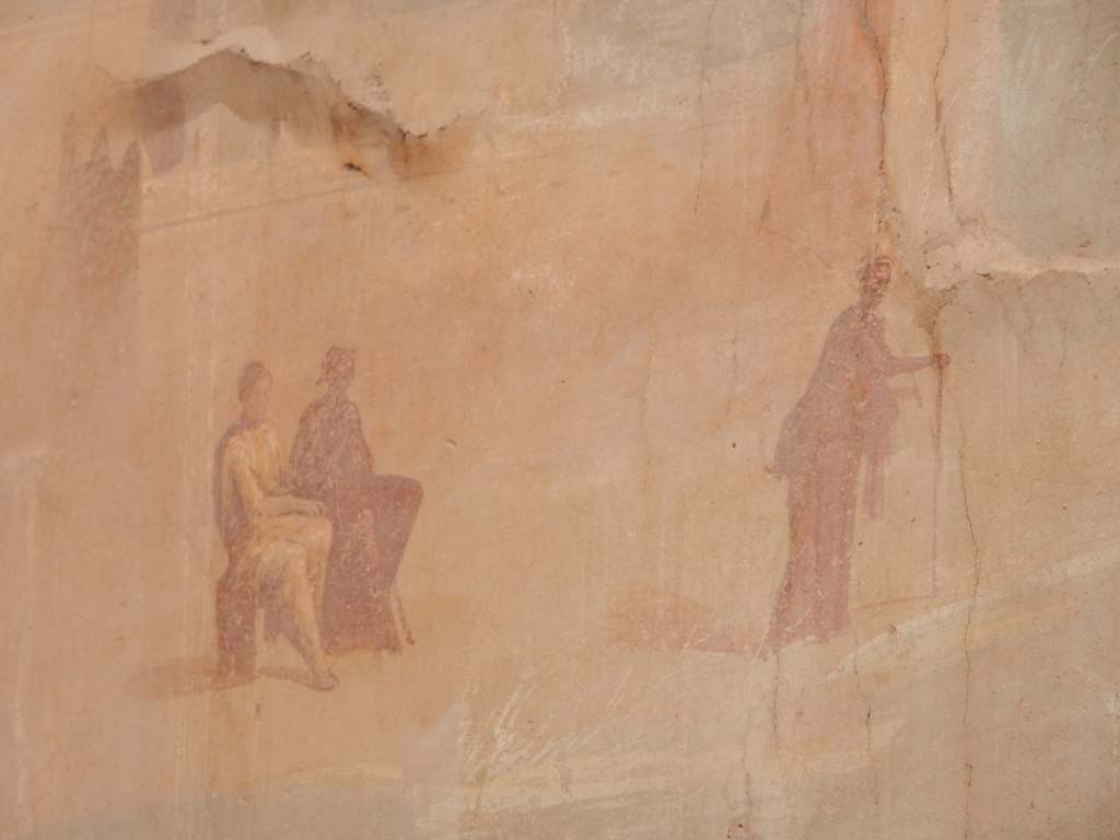 I.6.15 Pompeii. June 2019. Room 9, east wall of small garden. Detail of figures from north end of east wall.
Photo courtesy of Buzz Ferebee.