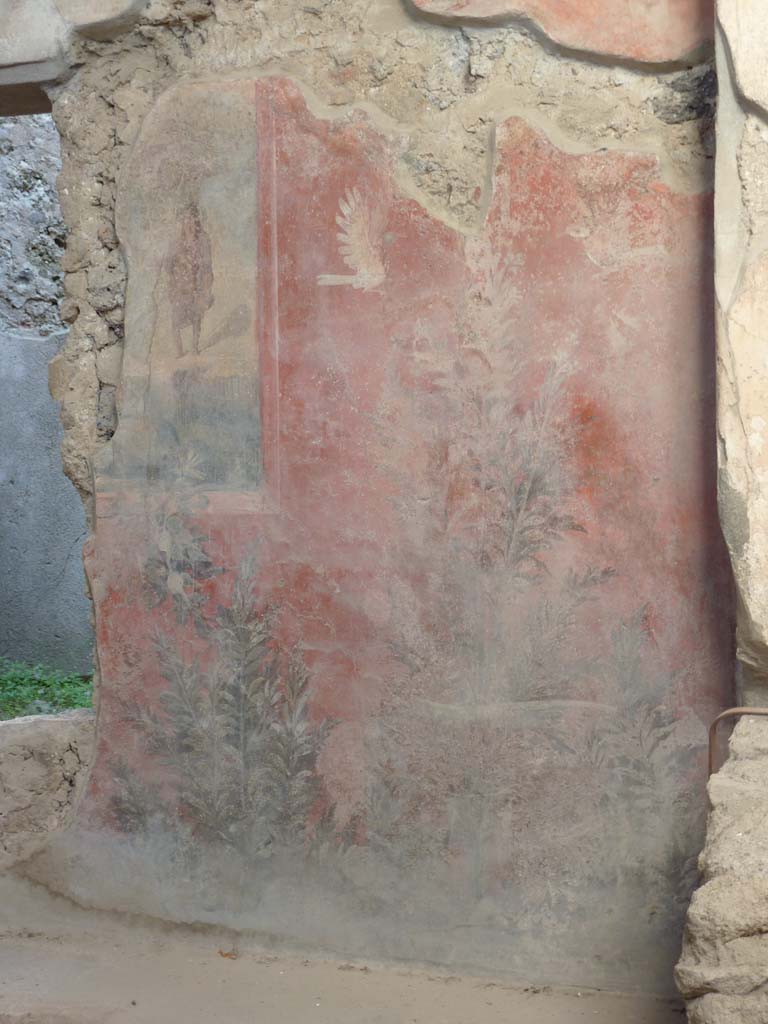 I.6.15 Pompeii. October 2014.
Room 9, east wall of small garden with detail of paintings on south side of window.
Foto Annette Haug, ERC Grant 681269 DÉCOR