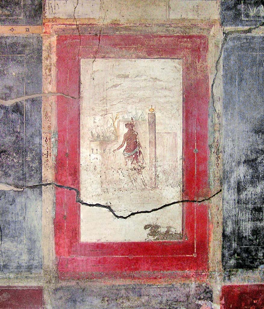 I.6.15 Pompeii. 2019.
Room 12, triclinium. Fresco in third style from centre of west wall. Photo courtesy of Davide Peluso.