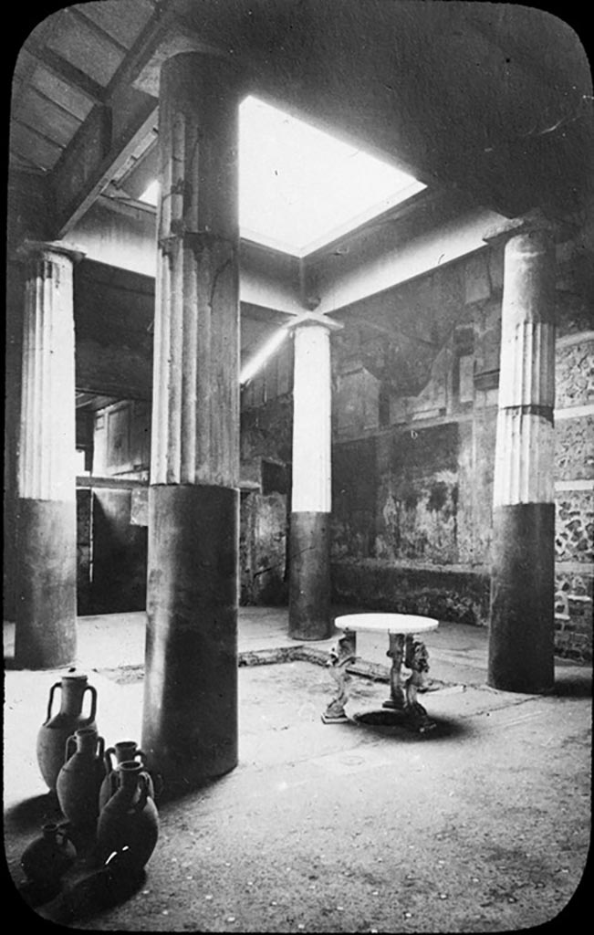 I.6.15 Pompeii. Undated lantern slide. Room 4, looking south-west across tetrastyle atrium.
Photo by permission of the Institute of Archaeology, University of Oxford. File name instarchbx202im 018. Source ID. 44527.
See photo on University of Oxford HEIR database