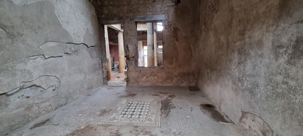 I.6.15 Pompeii. December 2023.
Room 6, looking south to doorway and window to atrium across mosaic floor in tablinum. Photo courtesy of Miriam Colomer.