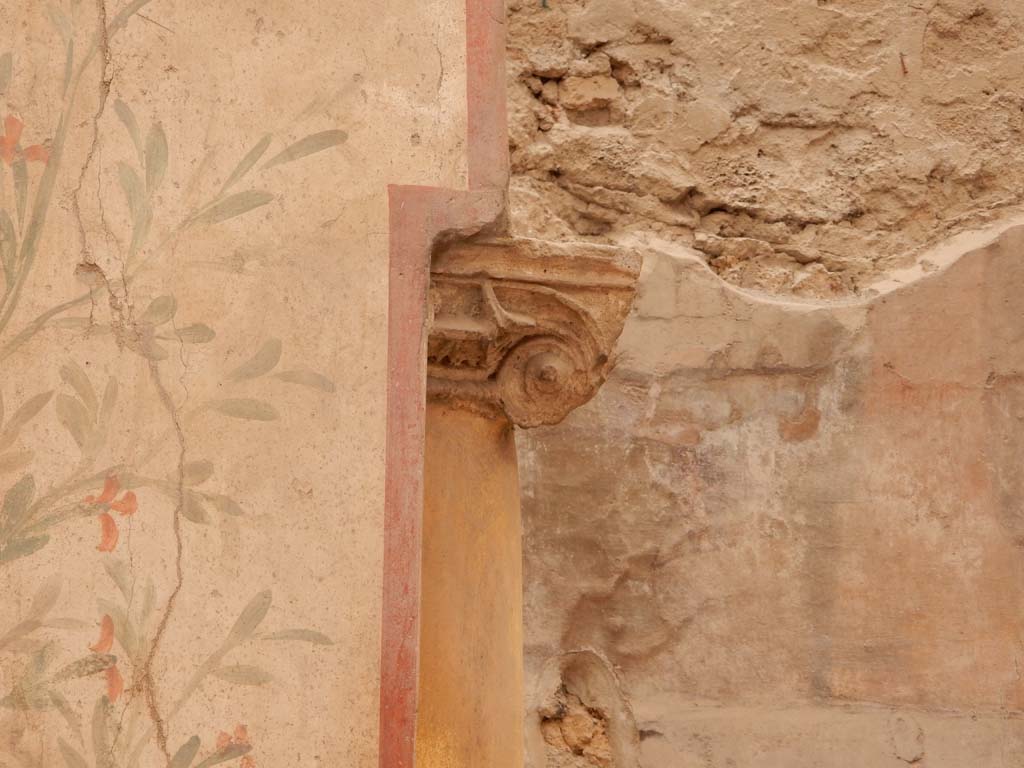 I.6.15 Pompeii. June 2019. Room 9, Looking west towards stuccoed column embedded in south wall of small garden area.
Photo courtesy of Buzz Ferebee.