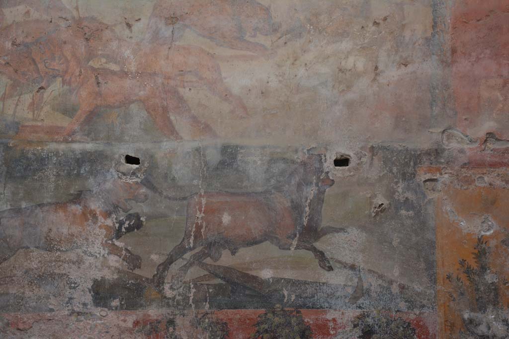 I.6.15 Pompeii. March 2019. Room 9, detail from hunt painting on north wall.
Foto Annette Haug, ERC Grant 681269 DÉCOR