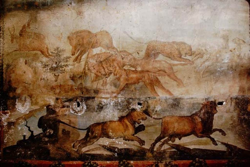 I.6.15 Pompeii. 1964. Room 9, north wall of small garden. Detail from painting of animal hunt scene. Photo by Stanley A. Jashemski.
Source: The Wilhelmina and Stanley A. Jashemski archive in the University of Maryland Library, Special Collections (See collection page) and made available under the Creative Commons Attribution-Non Commercial License v.4. See Licence and use details.
J64f1530