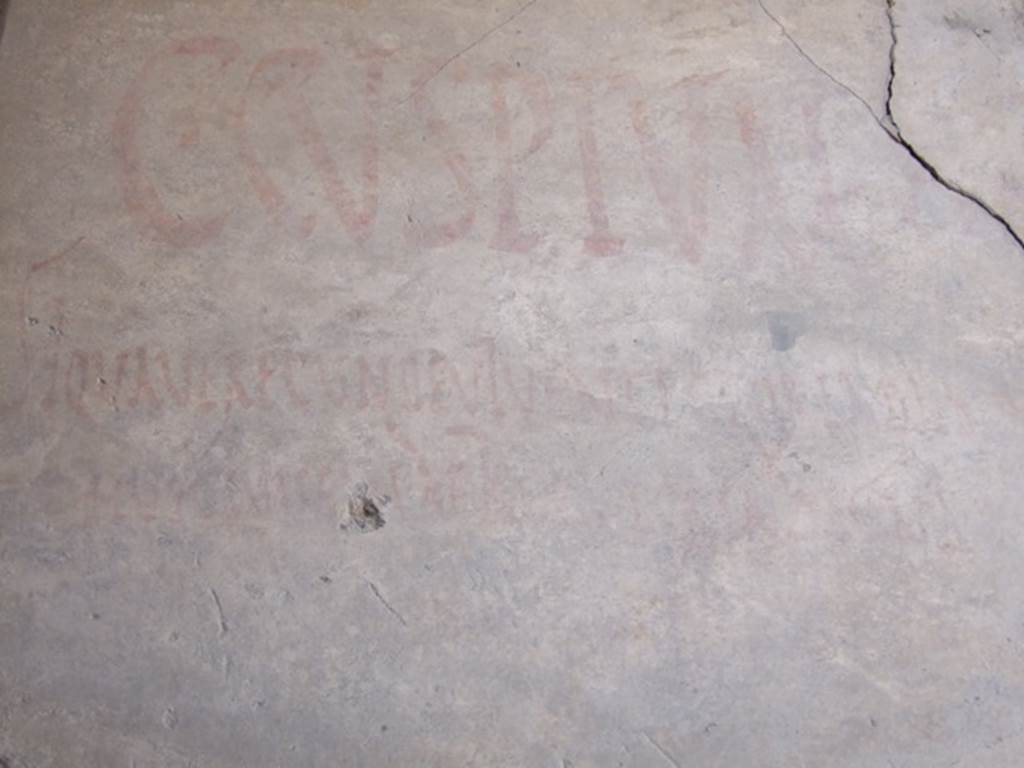 I.7.1 Pompeii. December 2007. Painted graffiti on west side of vestibule.
C. Cuspium Pansa aed(ilem) Si qua verecunde viventi gloria est, Huic Iuveni debet gloria digna dari (CIL IV 7201) See Della Corte, M., 1965. Case ed Abitanti di Pompei. Napoli: Fausto Fiorentino. (p. 310)