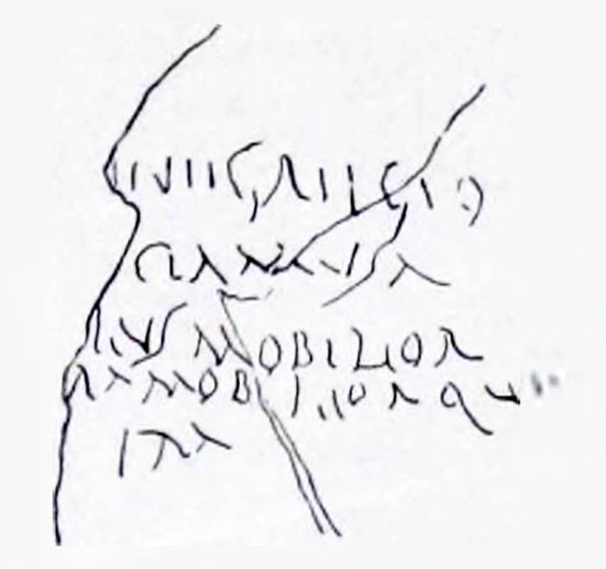 I.7.2, Pompeii. Graffiti found on east wall of the under-stairs room, written on the cocciopesto plaster. CIL IV 8136.
This graffito was missing on its left side where the plaster had completely fallen from the wall.
In NdS 1927 Maiuri interpreted this as
...n egregio /...cla musa / ...lus mobilior / ...ula mobiliorque / ...ira
See Notizie degli Scavi di Antichità, 1927, (p. 13, n. 4).