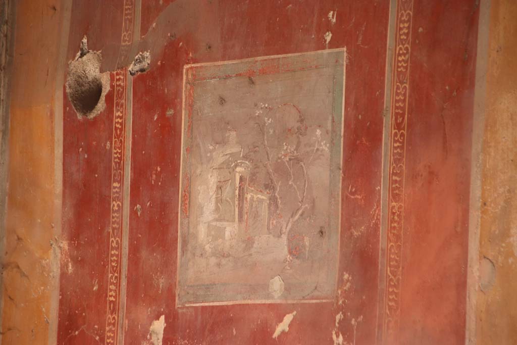 I.7.3 Pompeii. September 2019. Painting of temple found in centre of painted west wall in south-west corner of atrium.
Photo courtesy of Klaus Heese.