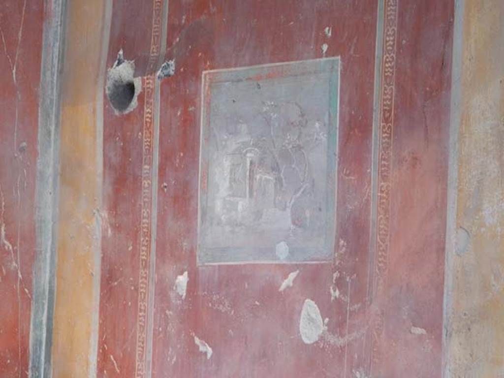 I.7.3 Pompeii. May 2016. Detail of painting found in centre of painted west wall in south-west corner of atrium. The subject was a temple with a curved roof, standing on a hill against which a tree was growing.
See Peters, W.J.T. (1963): Landscape in Romano-Campanian Mural Paintings. The Netherland, Van Gorcum & Comp. (p.153 & fig.147)
Photo courtesy of Buzz Ferebee.