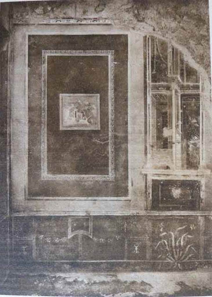 I.7.3 Pompeii. Old undated photograph.Painted wall in south-west corner of the atrium, shortly after excavation.