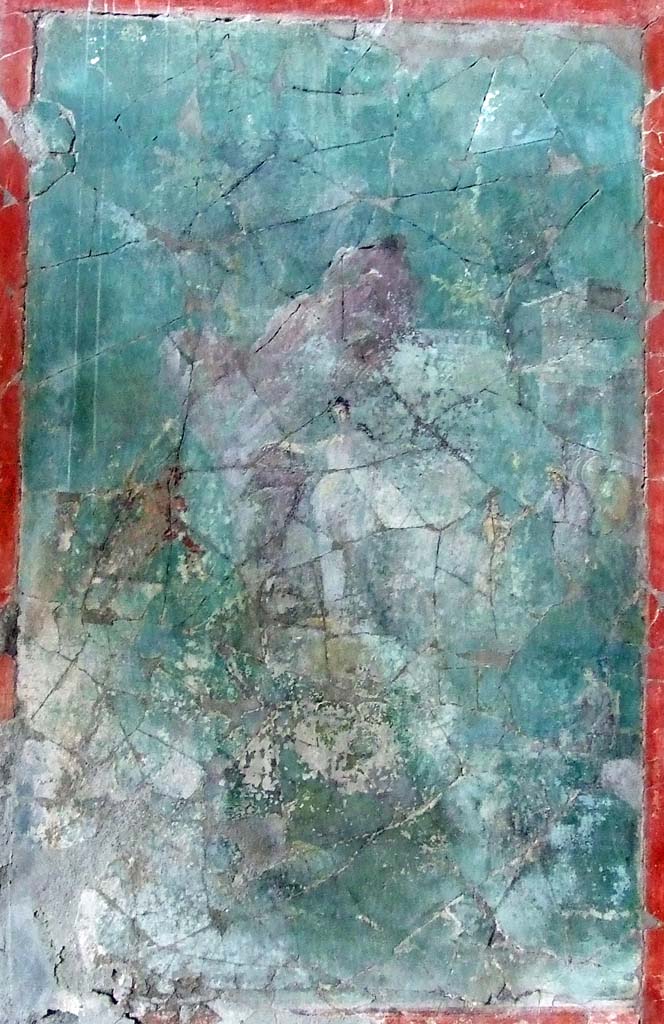 I.7.7 Pompeii. December 2006.
West wall of triclinium with wall painting of Perseus freeing Andromeda.
There are two scenes in the one painting.
In the foreground Andromeda is chained to the rock in the sea and Perseus swoops down to slay the monster.
To the right in the background King Cepheus of Ethiopia, her father, welcomes the triumphant hero.
Kraus T. and von Matt L., 1975. Pompeii and Herculaneum: Living cities of the dead. New York: Abrams. (p. 186, fig. 250).
For a good description -
See Peters, W.J.T. (1963): Landscape in Romano-Campanian Mural Paintings. The Netherlands, Van Gorcum & Comp. (p.91-94, fig 77)
