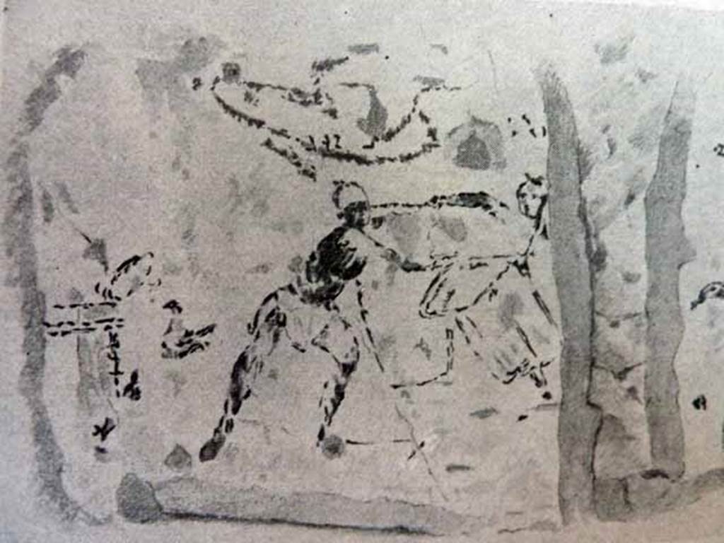 I.7.7 Pompeii. Detail from ancient combat wall painting. At the left end is a structure which may possibly be an altar. Duel between two dismounted gladiators (possibly Samnites) armed with swords and rectangular shields.
There are undecipherable Oscan inscriptions above their heads.