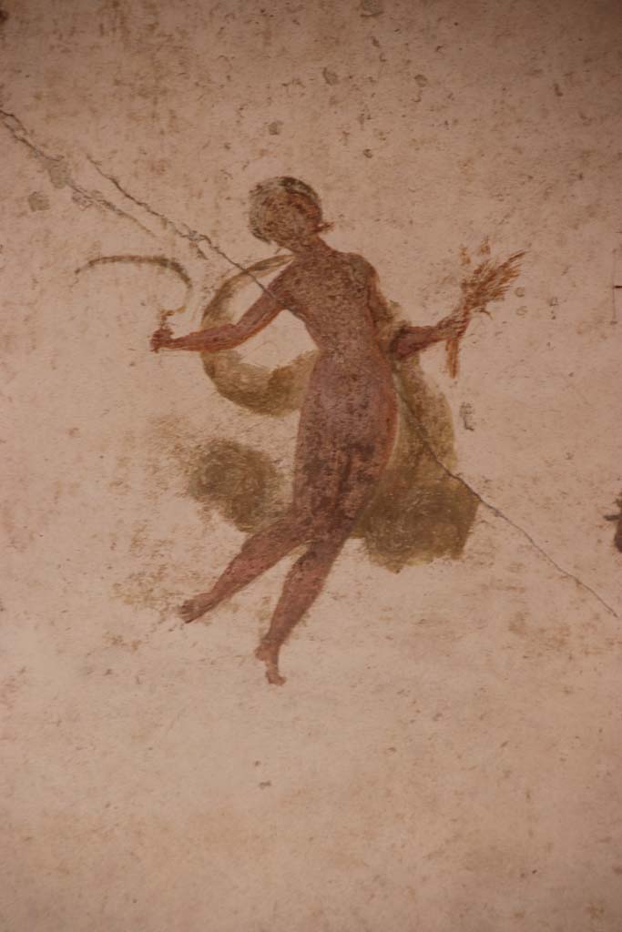 I.7.11 Pompeii. September 2021. 
Detail of figure from panel at north end of west wall. Photo courtesy of Klaus Heese.

