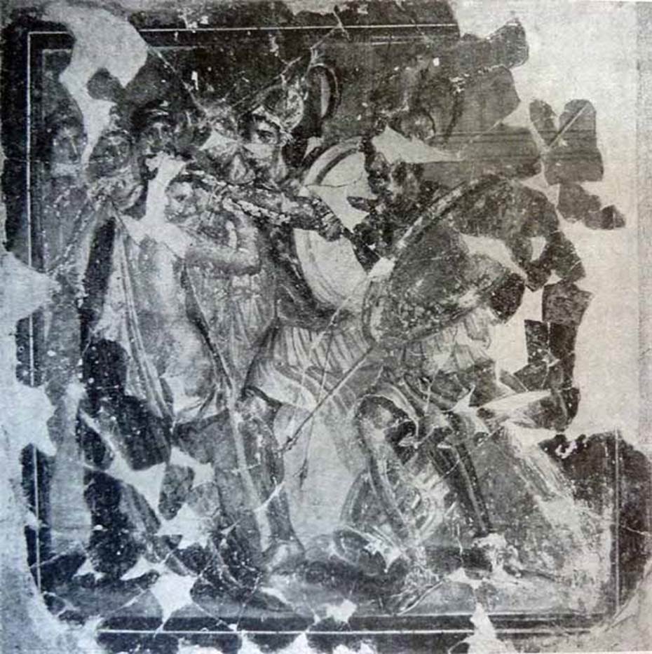 I.7.11 Pompeii. East wall of triclinium, with painting of Helen and Menelaus, when first excavated. See Bragantini, de Vos, Badoni, 1981. Pitture e Pavimenti di Pompei, Parte 1. Rome: ICCD. (p.67)