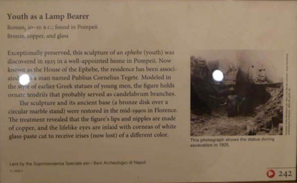 I.7.11 Pompeii. 2010. Getty Museum card describing the bronze statue of the ephebo.
Photo courtesy of Buzz Ferebee.
