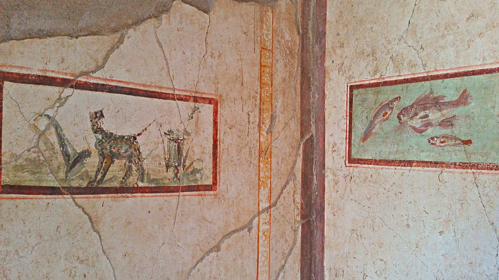 I.7.11 Pompeii. 2017/2018/2019.
Cubiculum to south-east of atrium, detail of paintings in south-east corner. Photo courtesy of Giuseppe Ciaramella.