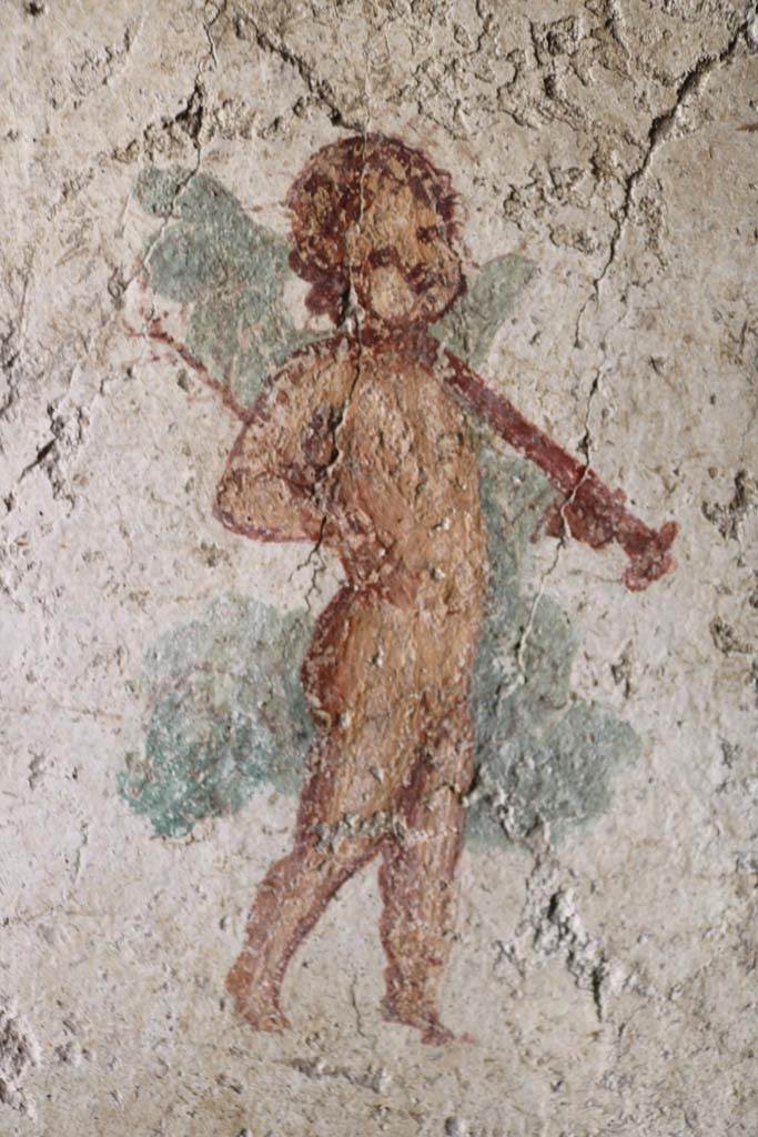 I.7.11 Pompeii. December 2018.
Detail of wall painting of cupid with sword from south wall of bedroom on west side of atrium.
Photo courtesy of Aude Durand