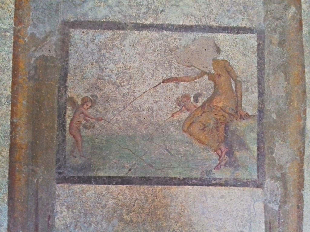 I.7.11 Pompeii. 2017/2018/2019.
Wall painting of Venus or Aphrodite Pescatrice from west wall of bedroom. Photo courtesy of Giuseppe Ciaramella.