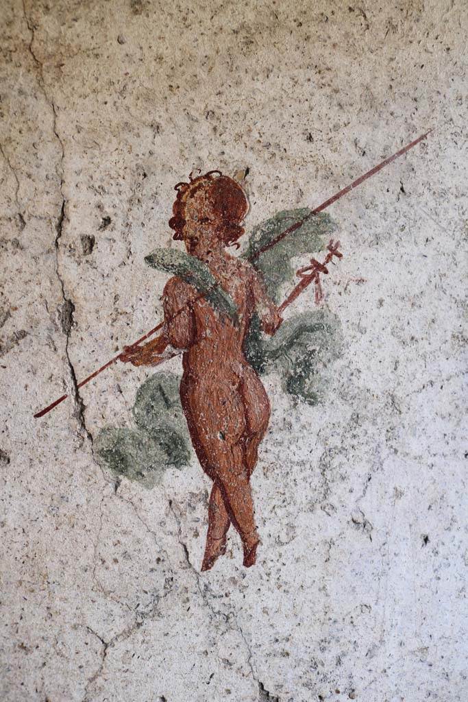 I.7.11 Pompeii. December 2018.
Detail of wall painting of flying cupid from east end of north wall of bedroom on west side of atrium.
Photo courtesy of Aude Durand.