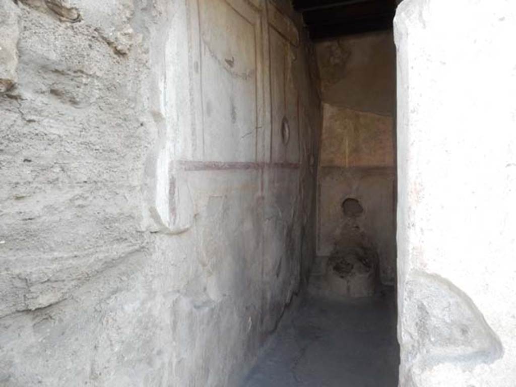 I.7.11 Pompeii. May 2017. Looking towards the south wall of the small bath room.
On the south wall were three white painted panels above a high black zoccolo.
The central panel used to contain a mirror in the centre of its painted medallion.
Photo courtesy of Buzz Ferebee.