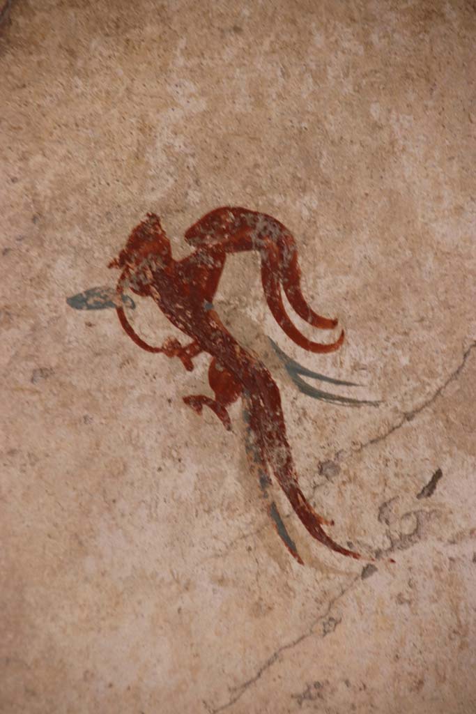 I.7.11 Pompeii. September 2021.
Upper west wall, painted decoration in centre above niche. Photo courtesy of Klaus Heese.