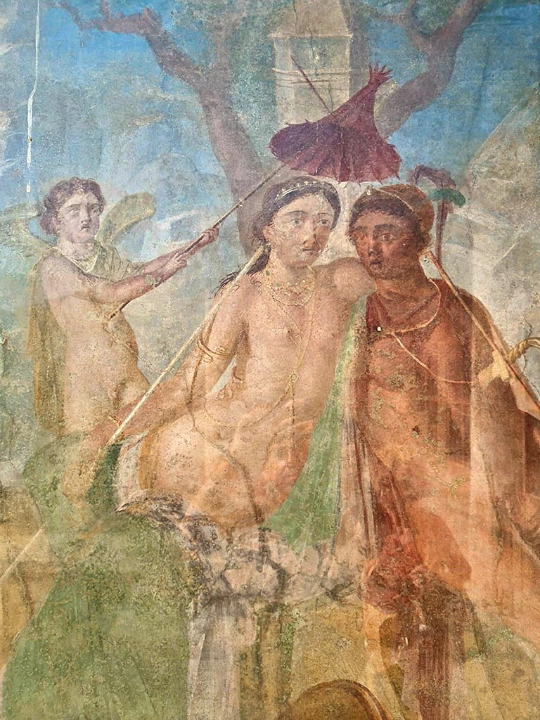 I.7.12 Pompeii. September 2024.
Detail from wall painting of Mars and Venus, on west wall of north-portico. Photo courtesy of Giuseppe Ciaramella.