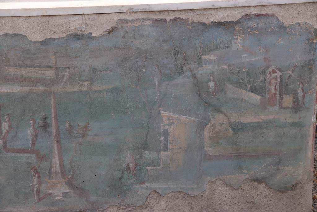 I.7.12 Pompeii. September 2021.
Detail from painted panel on inside of west side of summer triclinium at north end. Photo courtesy of Klaus Heese.