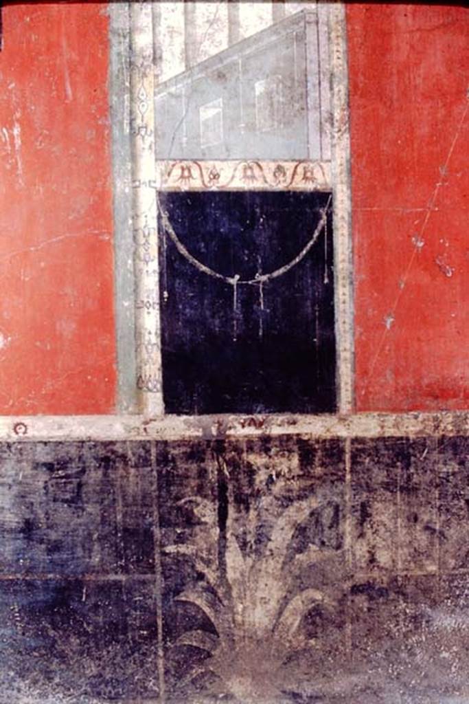 I.8.9 Pompeii, 1968. Room 7, black zoccolo of east wall of triclinium with painted plant.
Photo by Stanley A. Jashemski.
Source: The Wilhelmina and Stanley A. Jashemski archive in the University of Maryland Library, Special Collections (See collection page) and made available under the Creative Commons Attribution-Non Commercial License v.4. See Licence and use details.
J68f0607