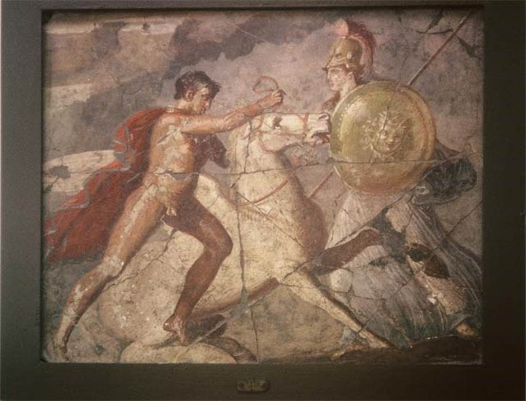 I.8.9, Pompeii. August 1965.
Painting showing Bellerophon and Pegasus, from west wall of triclinium.
Photographed in the Pompeii Antiquarium, SAP inventory number 20878.
Photo courtesy of Rick Bauer.