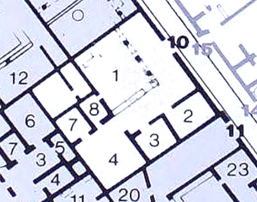 I.8.10 Pompeii. Plan.
See Carratelli, G. P., 1990-2003. Pompei: Pitture e Mosaici: Vol. I. Roma: Istituto della enciclopedia italiana, p. 826.
