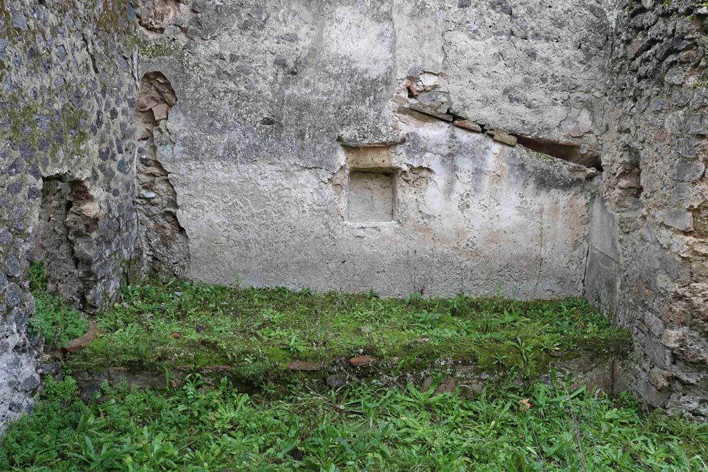 I.8.16 Pompeii. December 2018.
Looking towards south wall, with podium? at its base. On the left is the adjoining hole-in-the-wall, with I.8.14. Photo courtesy of Aude Durand.