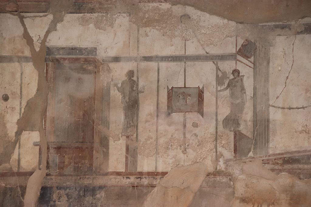 I.8.17 Pompeii. October 2024. Room 18, detail from upper west wall at south end. Photo courtesy of Klaus Heese.