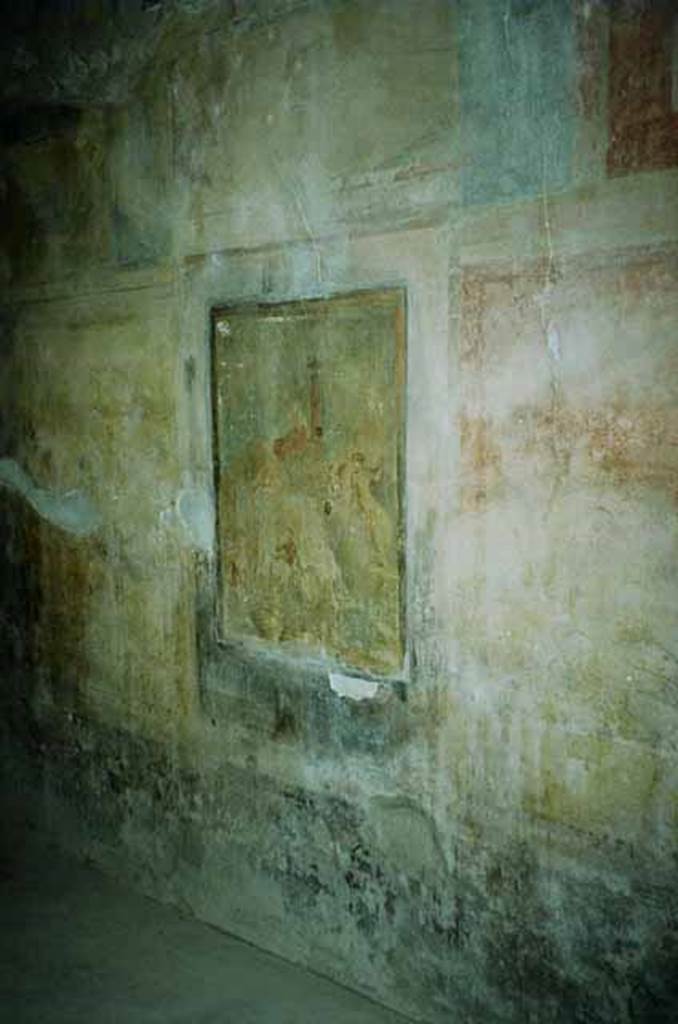 I.8.17 Pompeii. June 2010. Room 9, south wall.
Wall painting of the Judgement of Paris? Photo courtesy of Rick Bauer.
See Bragantini, de Vos, Badoni, 1981. Pitture e Pavimenti di Pompei, Parte 1. Rome: ICCD. (p.84).