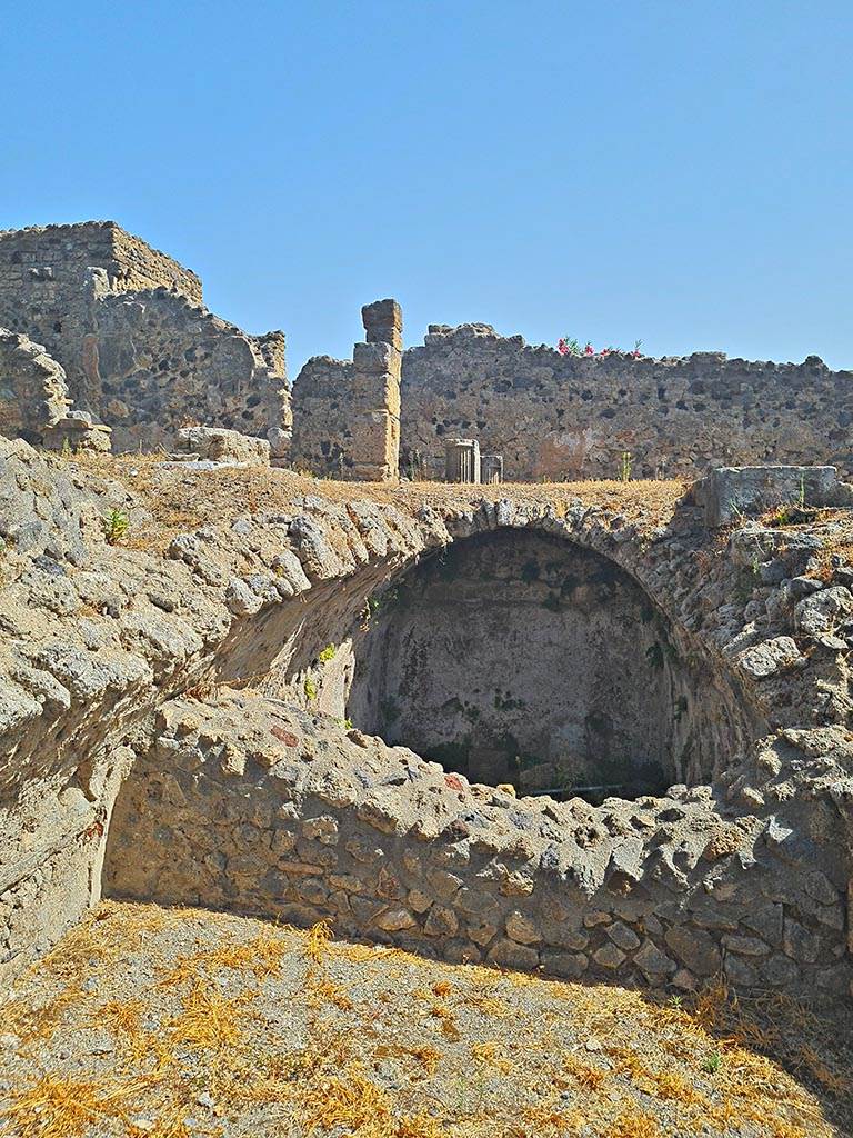 I.8.19 Pompeii. September 2024.
Looking east towards cistern at lower level, with peristyle of I.8.2 above. Photo courtesy of Giuseppe Ciaramella.
