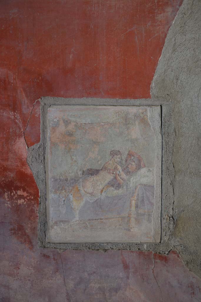 I.9.1 Pompeii. October 2019. Room 11, “erotic” reproduction painting inserted into south wall.
Foto Annette Haug, ERC Grant 681269 DÉCOR.
According to PPM – the actual state of the painting in 1977 was nearly illegible.
See Carratelli, G. P., 1990-2003. Pompei: Pitture e Mosaici: Vol I. Roma: Istituto della enciclopedia italiana, p. 938, no .32).