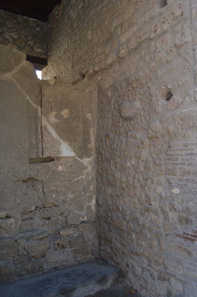 I.9.1 Pompeii. October 2017. Room 1, south-west corner and west wall of entrance vestibule.
According to Fr�hlich, on the west wall were the faint remains of a painting of a female figure, possibly Venus Pompeiana.
To the left of this was a painting of Juno and Minerva.
See Fr�hlich, T., 1991. Lararien und Fassadenbilder in den Vesuvst�dten. Mainz: von Zabern. (F6, and Photo 52,2).
Foto Taylor Lauritsen, ERC Grant 681269 D�COR.
