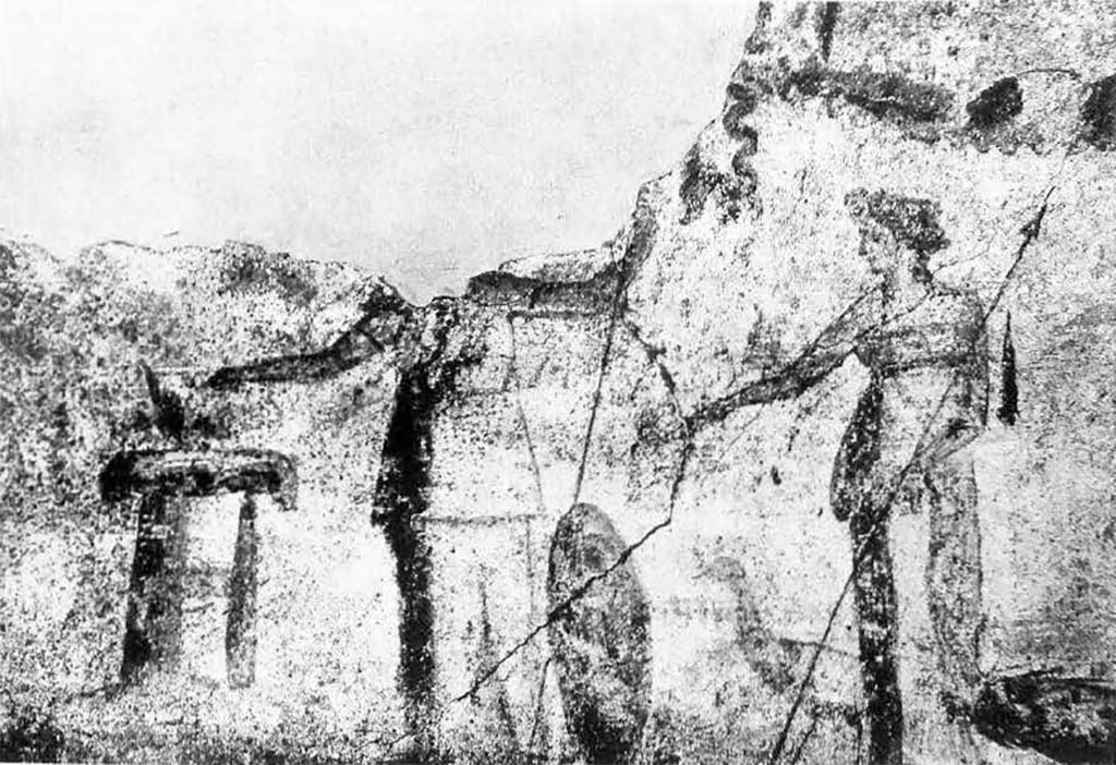 1.9.1 Pompeii. 1912. West wall of vestibule, with remains of wall painting of Juno and Minerva. 
Juno is wearing a Chiton and holding the sceptre in her left hand and a patera in the right.
Behind her stands a peacock. On the extreme left stands Minerva in a long robe with a gorgon head on the breast.
A large shield is to her left, her left hand holds the lance and her right over a round altar, sacrificing.
See Fr�hlich, T., 1991. Lararien und Fassadenbilder in den Vesuvst�dten. Mainz: von Zabern. (F6, and Photo 52,2).
According to Spinazzola this was a Triad which also included Venus (lost).
See Spinazzola V., 1953. Pompei alla luce degli Scavi Nuovi di Via dell�Abbondanza (anni 1910-1923): Vol. I. Roma: La Libreria della Stato, p.168-9.


