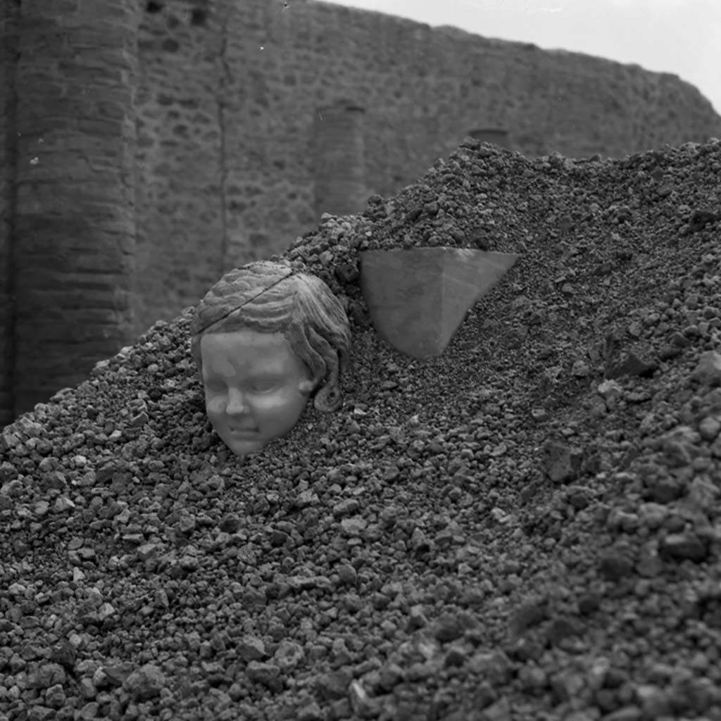 I.9.3 Pompeii. 1952. Room 6, garden area.
North portico, during the excavation in 1952. The emergence of a statue from the lapilli.
Photograph courtesy of Soprintendenza Speciale per i Beni Archeologici di Napoli e Pompei.