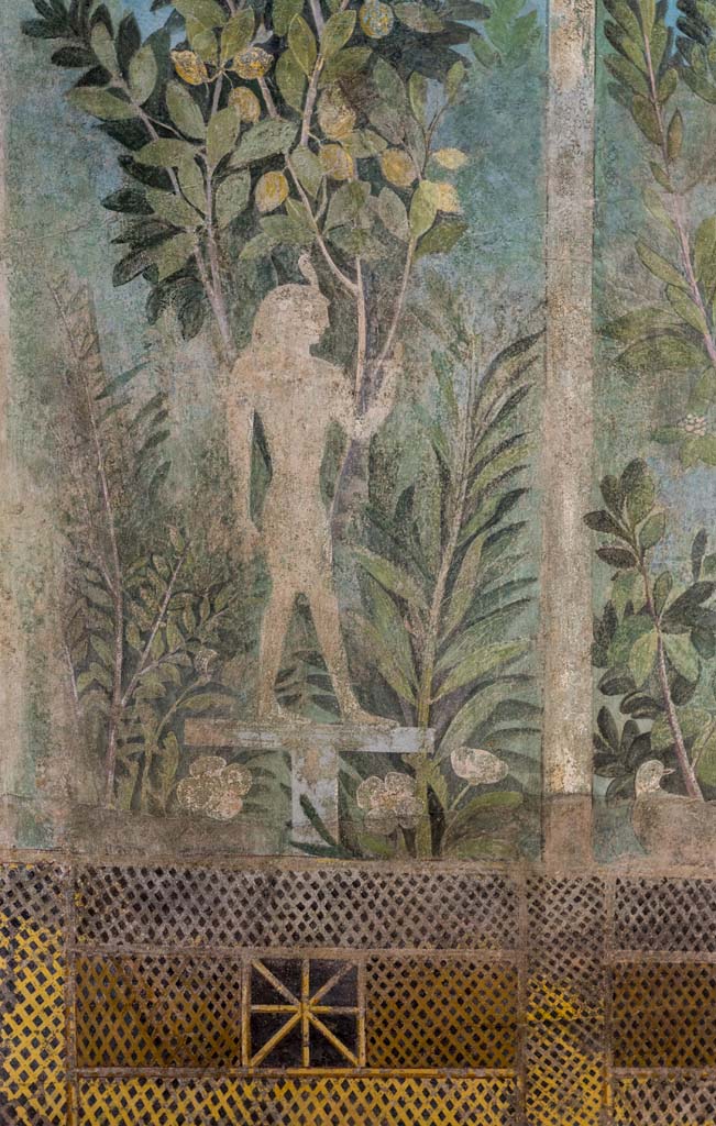 I.9.5 Pompeii. April 2022. Room 5, cubiculum. North end of east wall.
Detail of painting of Egyptian pharaonic statue and lemon tree.
Photo courtesy of Johannes Eber.
