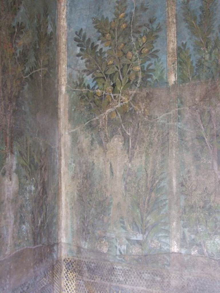 I.9.5 Pompeii. March 2009. Room 5. Cubiculum. East wall. North end. Painting of Egyptian Pharaonic statue and lemon tree.