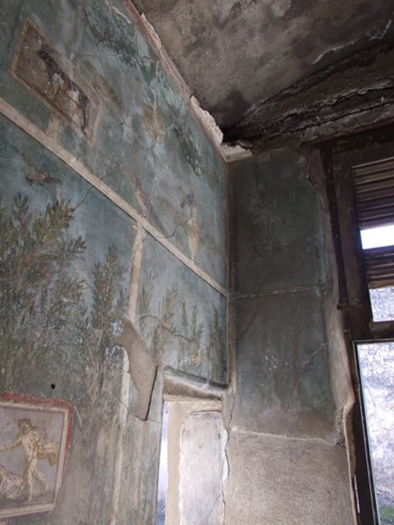 I.9.5 Pompeii. March 2009.
Room 5, looking towards south-west corner and narrow west wall with cornice of stucco, above.