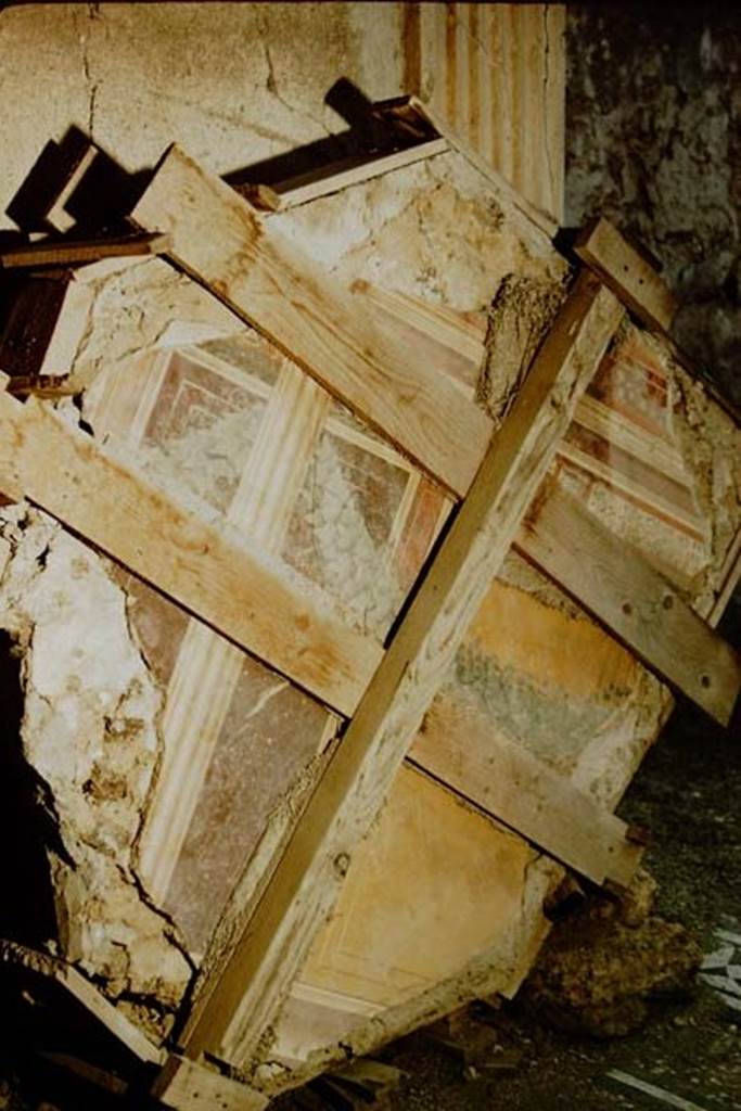 I.9.5 Pompeii. 1957. Room 8, tablinum. One of the fragments of wall frescoed in II Style, fallen and found in the tablinum.
A wreath of ivy can be seen hanging between fluted columns.
Photo by Stanley A. Jashemski.
Source: The Wilhelmina and Stanley A. Jashemski archive in the University of Maryland Library, Special Collections (See collection page) and made available under the Creative Commons Attribution-Non Commercial License v.4. See Licence and use details.
J57f0481