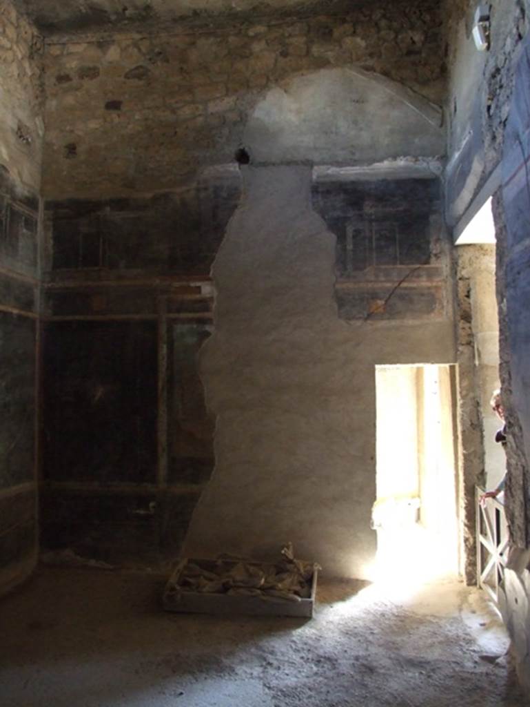 I.9.5 Pompeii. March 2009. Room 10, triclinium. South wall with doorway to room 11. According to Peters, this room contained paintings on all four walls. The ones within aediculae on the northern and southern walls have nearly completely disappeared. See Peters, W.J.T. (1963): Landscape in Romano-Campanian Mural Paintings.The Netherland, Van Gorcum & Comp. (p.85)