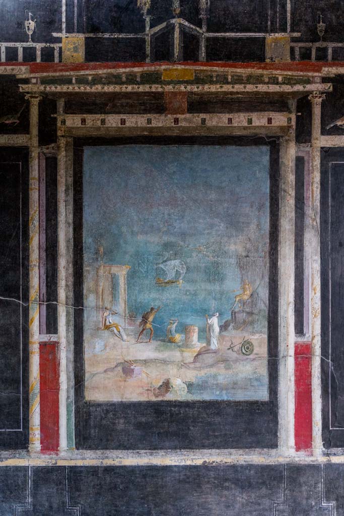 I.9.5 Pompeii. April 2022.
Room 10, east wall of triclinium with painting of Daedalus and Icarus. Photo courtesy of Johannes Eber.