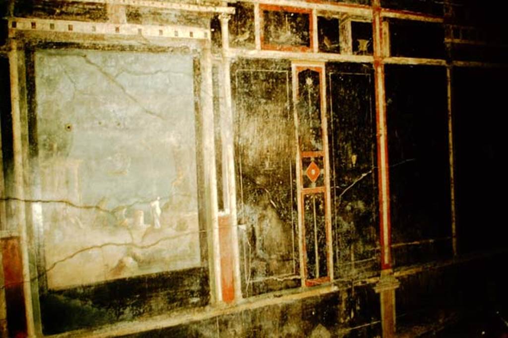 I.9.5 Pompeii. 1957. Room 10, triclinium, east wall, with painting of Daedalus and Icarus.
Photo by Stanley A. Jashemski.
Source: The Wilhelmina and Stanley A. Jashemski archive in the University of Maryland Library, Special Collections (See collection page) and made available under the Creative Commons Attribution-Non Commercial License v.4. See Licence and use details.
J57f0477